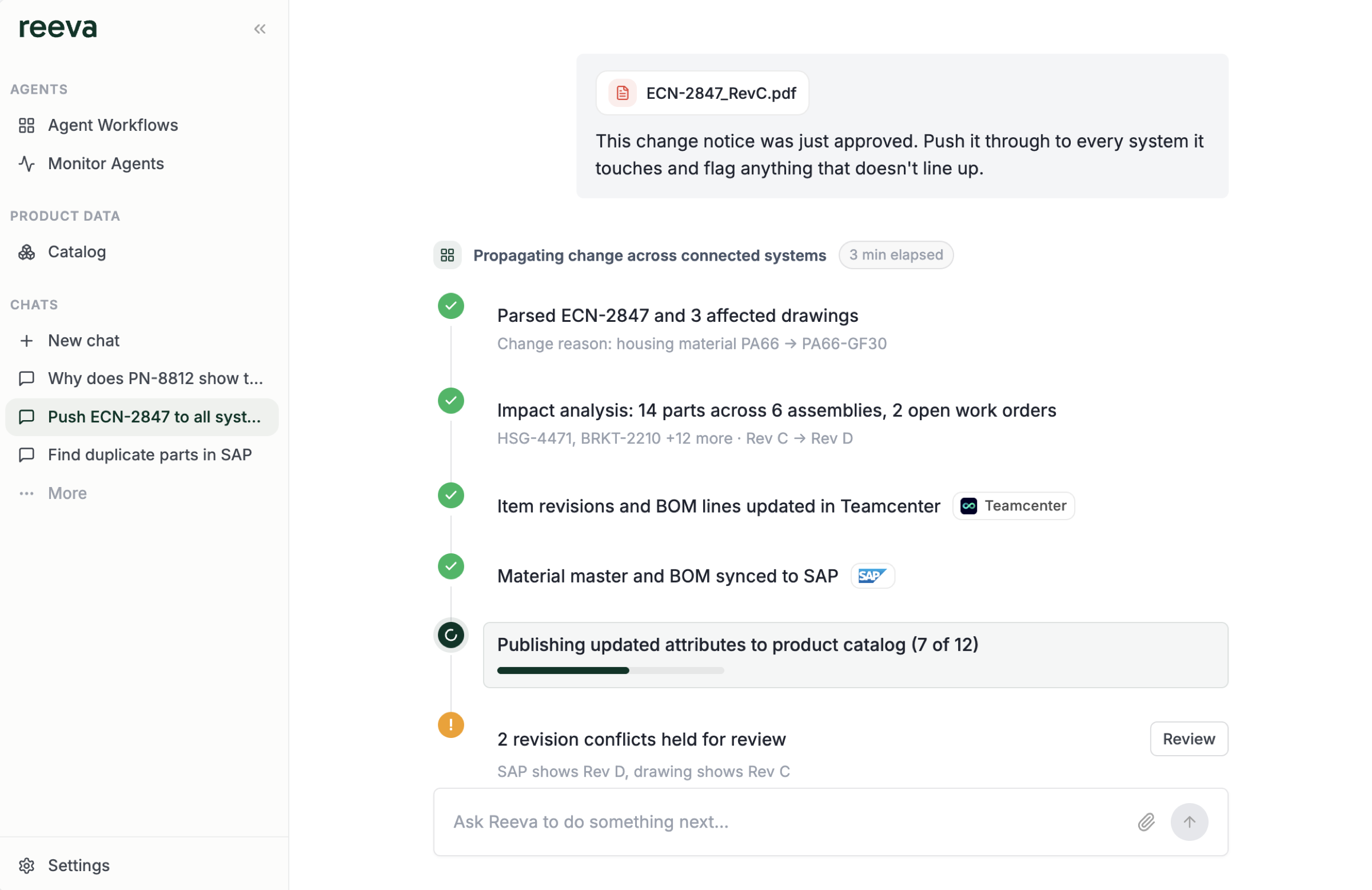 Reeva propagating an approved engineering change across Teamcenter, SAP, and the product catalog
